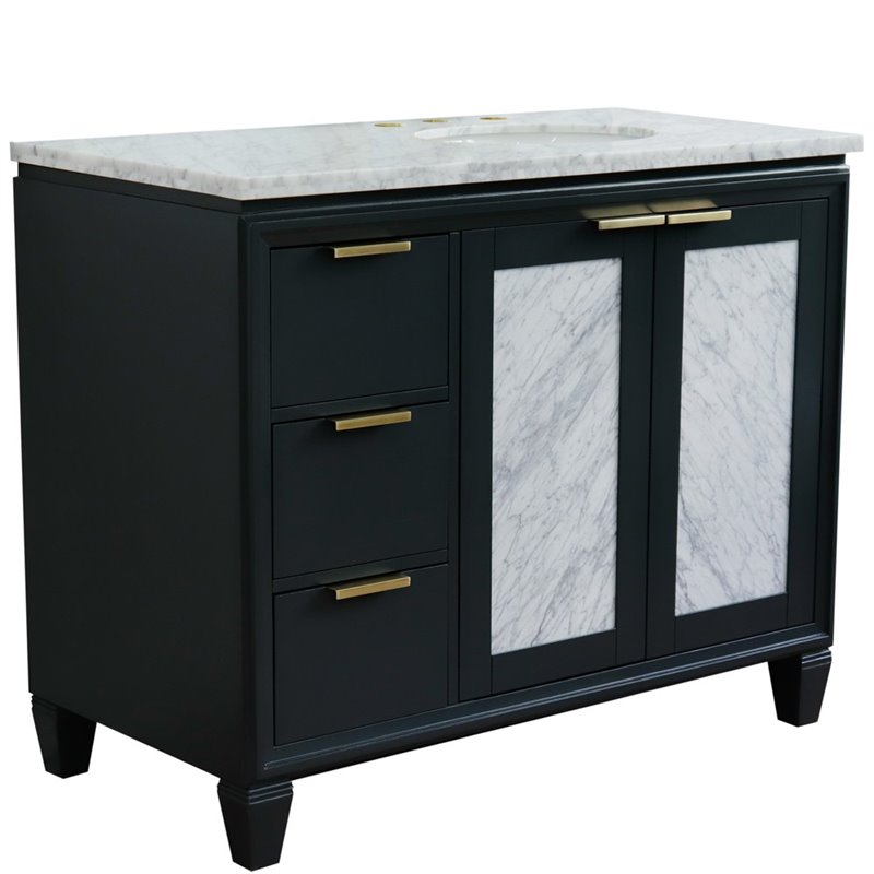 Pemberly Row Solid Wood Vanity with Right Oval Sink in Gray/White Carrara