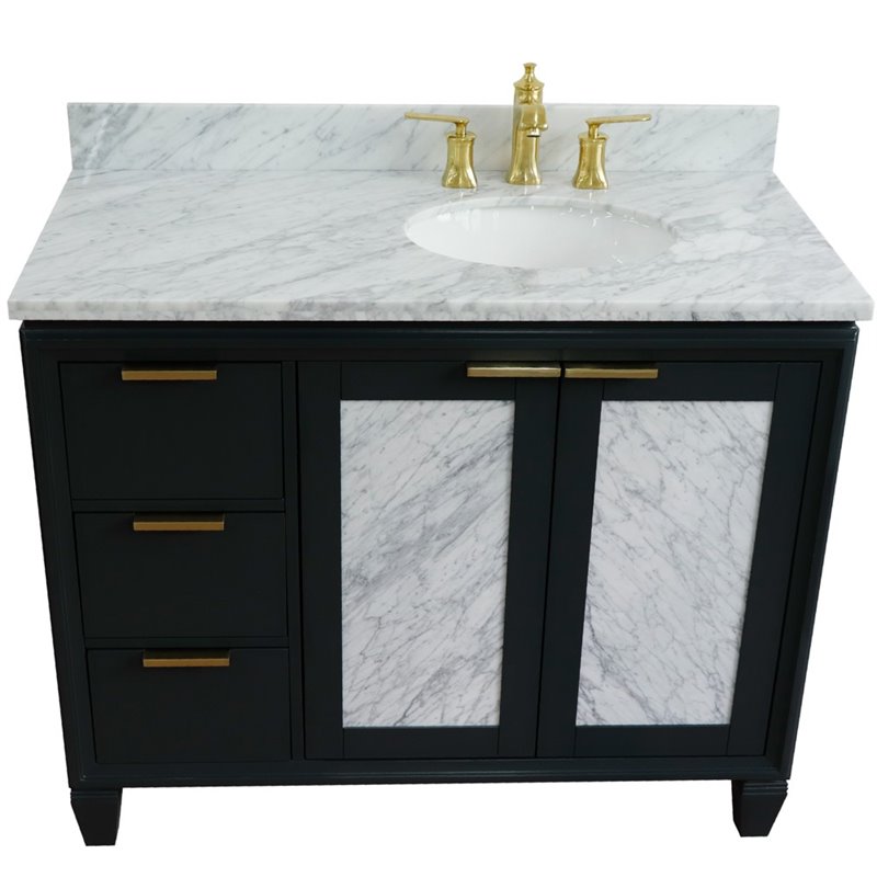 Pemberly Row Solid Wood Vanity with Right Oval Sink in Gray/White Carrara