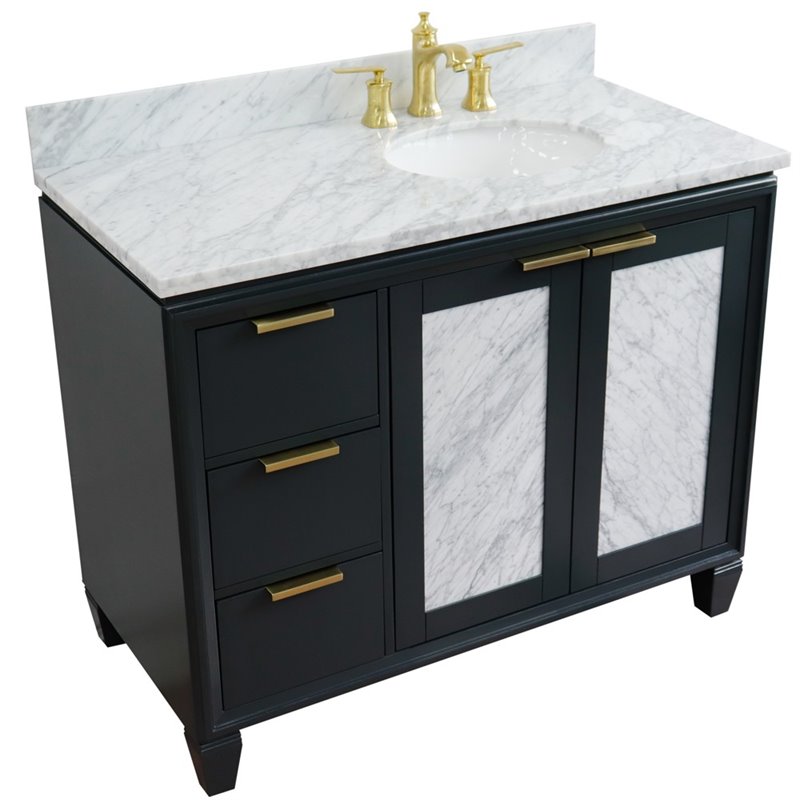 Pemberly Row Solid Wood Vanity with Right Oval Sink in Gray/White Carrara
