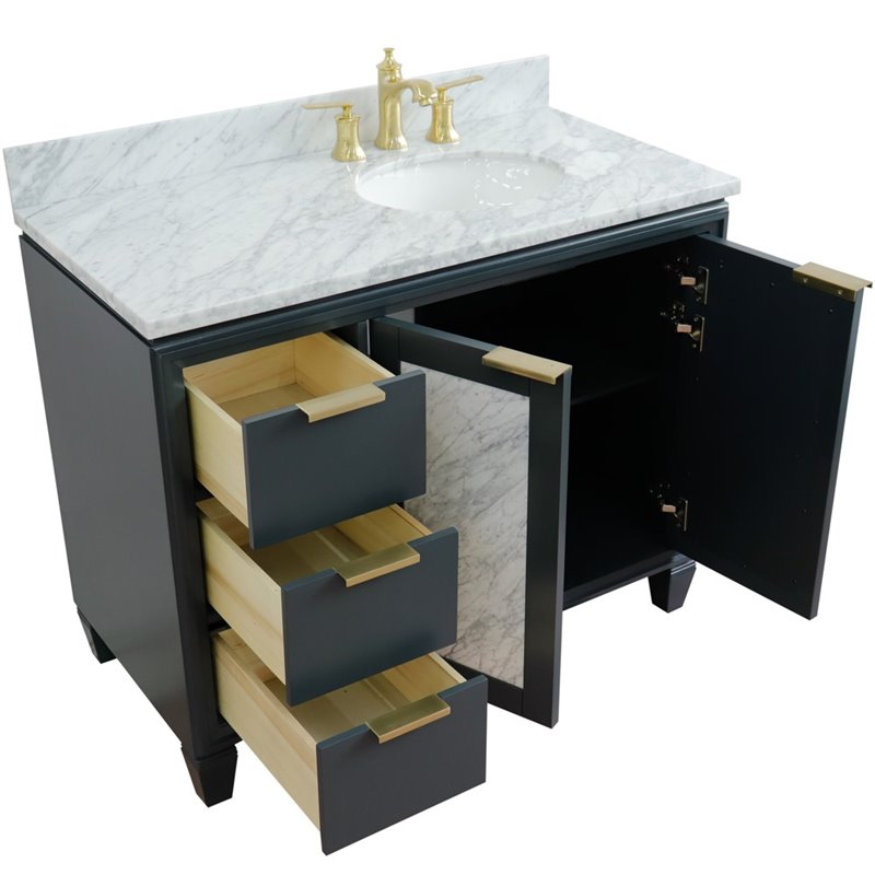 Pemberly Row Solid Wood Vanity with Right Oval Sink in Gray/White Carrara
