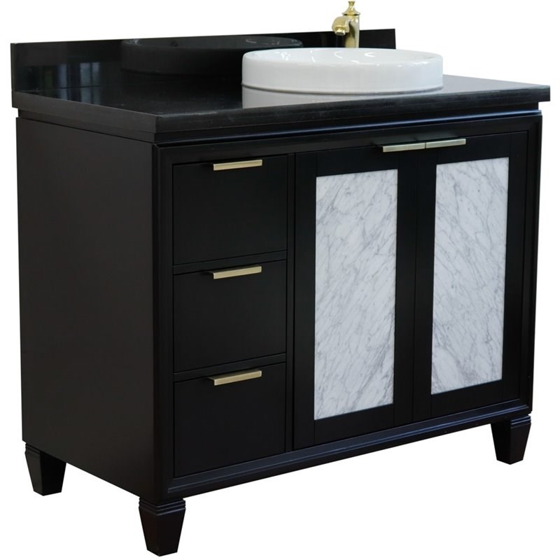 Pemberly Row Solid Wood Vanity with Right Round Sink in Blue/Black Galaxy