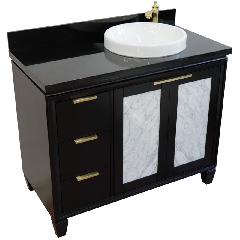 Pemberly Row Solid Wood Vanity with Right Round Sink in Blue/Black Galaxy