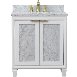 Pemberly Row 31&quot Single Oval Sink Solid Wood Vanity in White/White Carrara