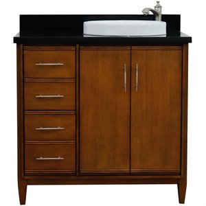 Pemberly Row 37&quot Single Solid Wood Vanity with Right Round Sink in Walnut/Black