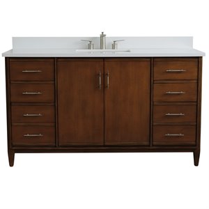 Pemberly Row 61&quot Single Rectangle Sink Vanity with White Quartz Stone in Walnut