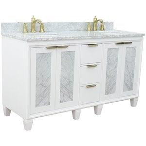 Pemberly Row 61&quot Double Oval Sink Solid Wood Vanity in White/White Carrara