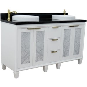 Pemberly Row 61&quot Double Round Sink Solid Wood Vanity in White/Black Galaxy