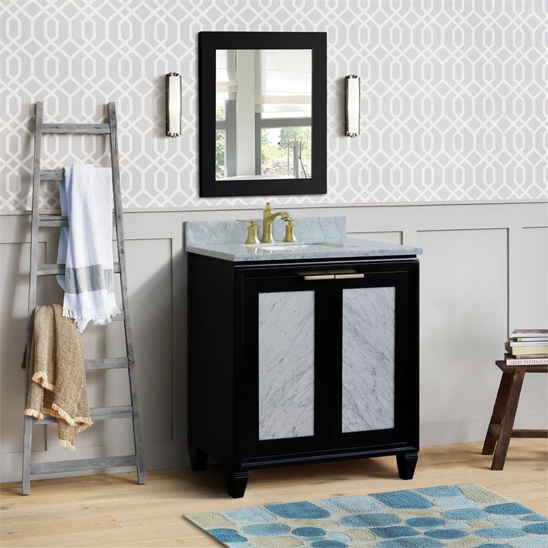 Pemberly Row Single Rectangle Sink Solid Wood Vanity in Blue/White Carrara