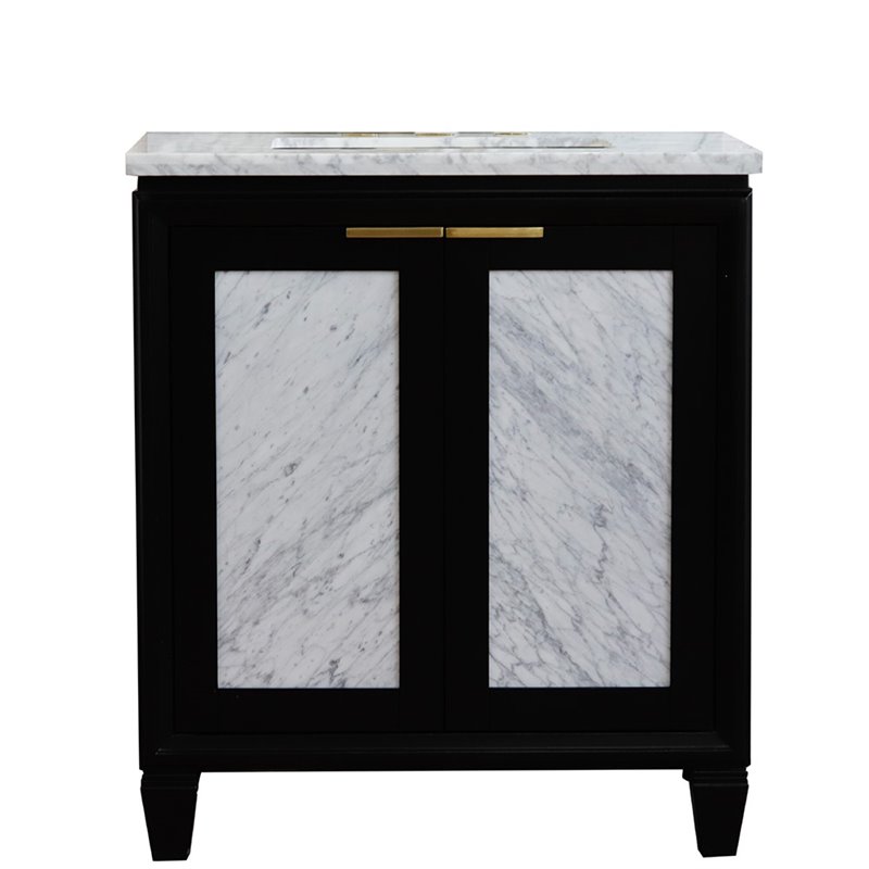 Pemberly Row Single Rectangle Sink Solid Wood Vanity in Blue/White Carrara