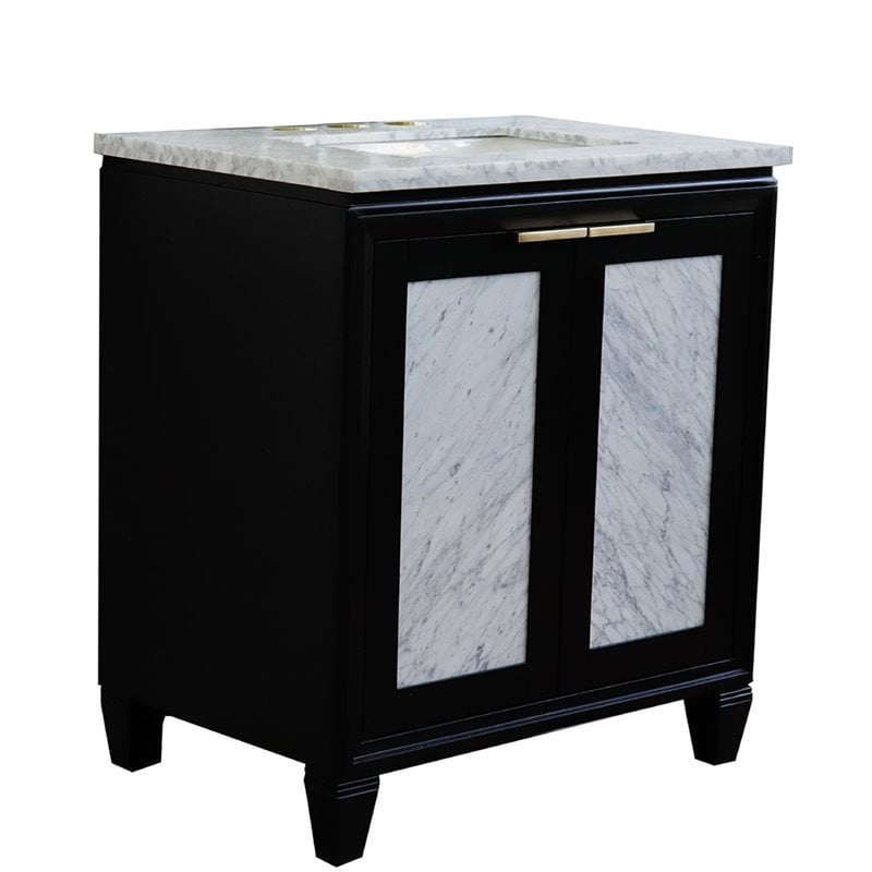 Pemberly Row Single Rectangle Sink Solid Wood Vanity in Blue/White Carrara