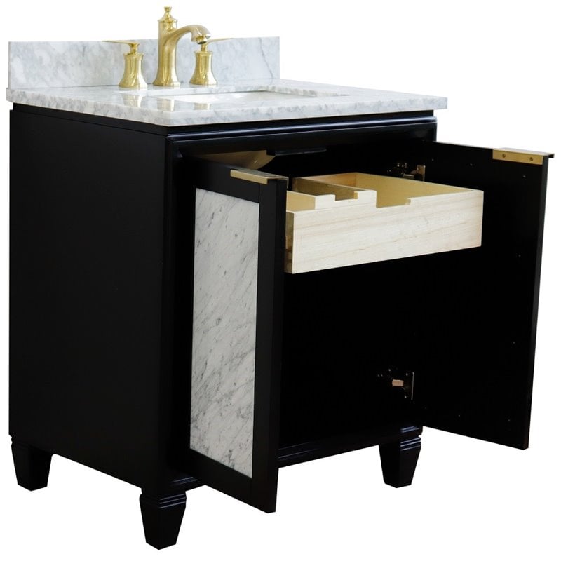 Pemberly Row Single Rectangle Sink Solid Wood Vanity in Blue/White Carrara