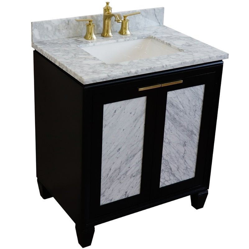 Pemberly Row Single Rectangle Sink Solid Wood Vanity in Blue/White Carrara