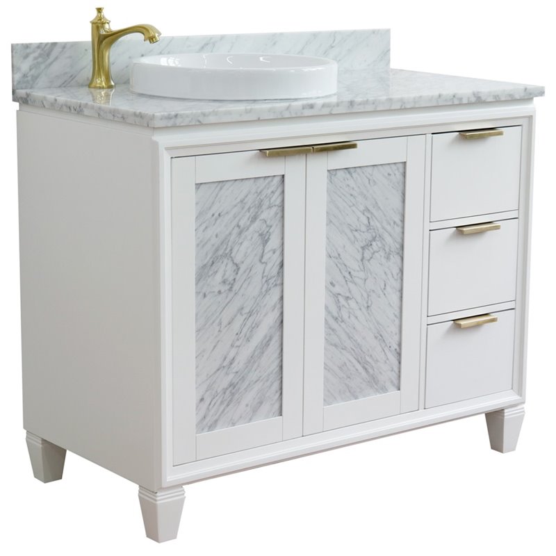 Pemberly Row Solid Wood Vanity with Left Round Sink in White/White Carrara