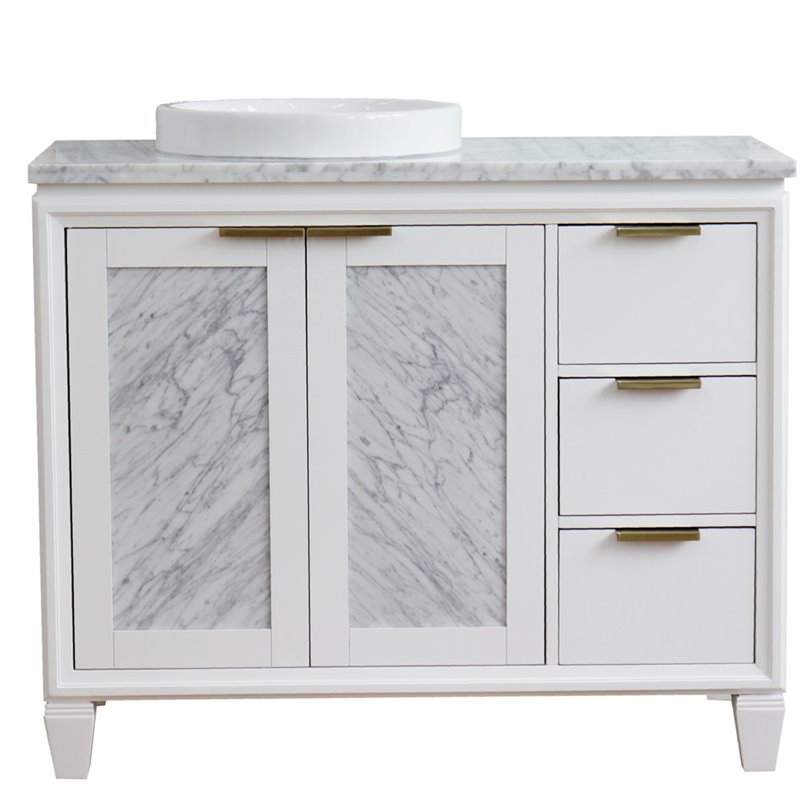 Pemberly Row Solid Wood Vanity with Left Round Sink in White/White Carrara