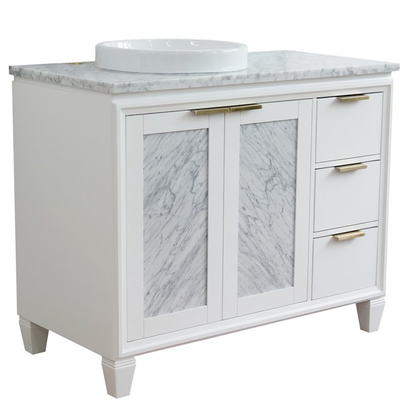 Pemberly Row Solid Wood Vanity with Left Round Sink in White/White Carrara