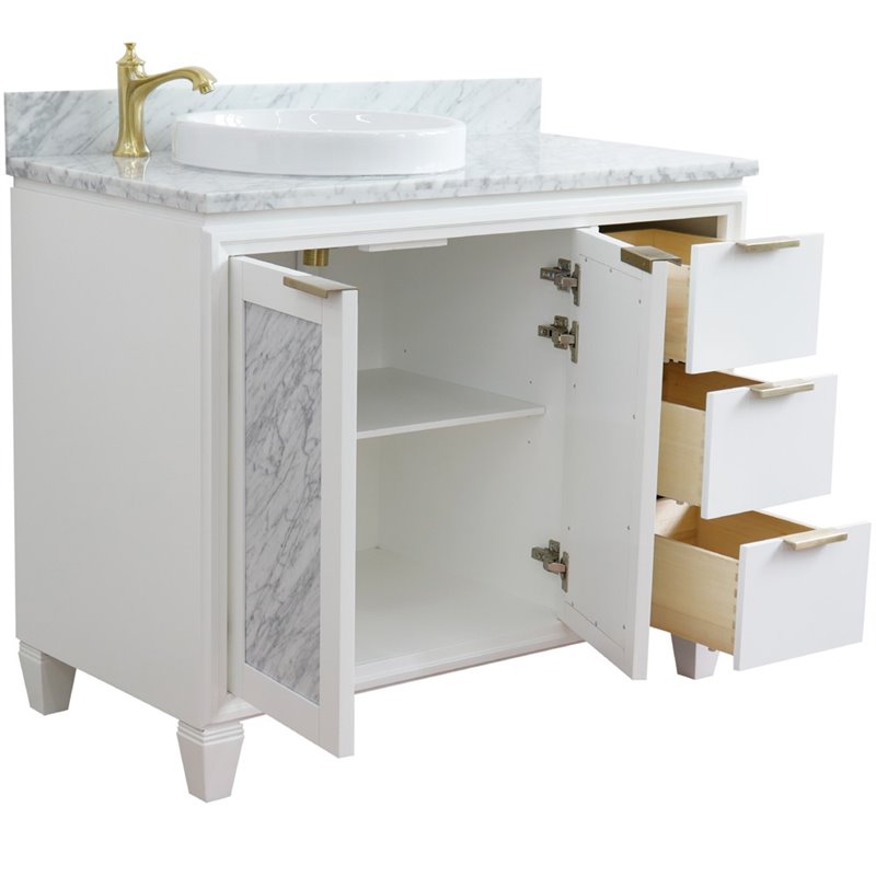 Pemberly Row Solid Wood Vanity with Left Round Sink in White/White Carrara