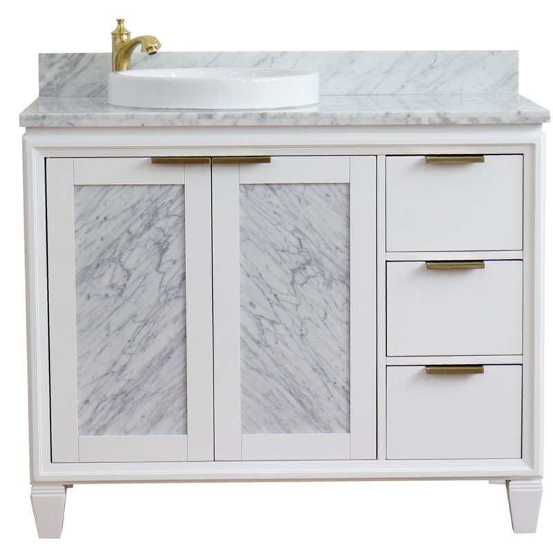 Pemberly Row Solid Wood Vanity with Left Round Sink in White/White Carrara