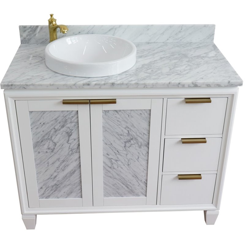Pemberly Row Solid Wood Vanity with Left Round Sink in White/White Carrara