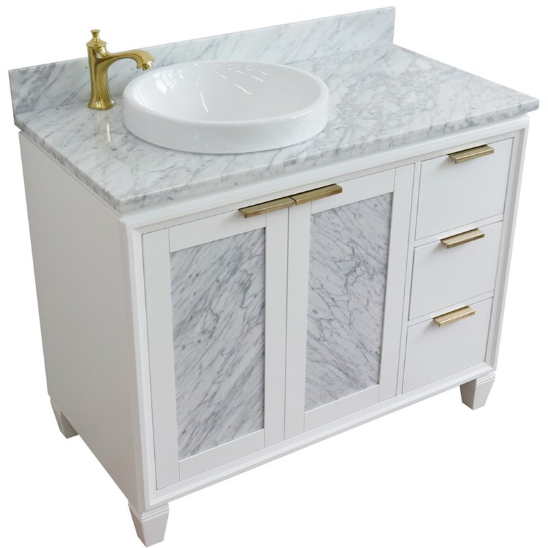 Pemberly Row Solid Wood Vanity with Left Round Sink in White/White Carrara