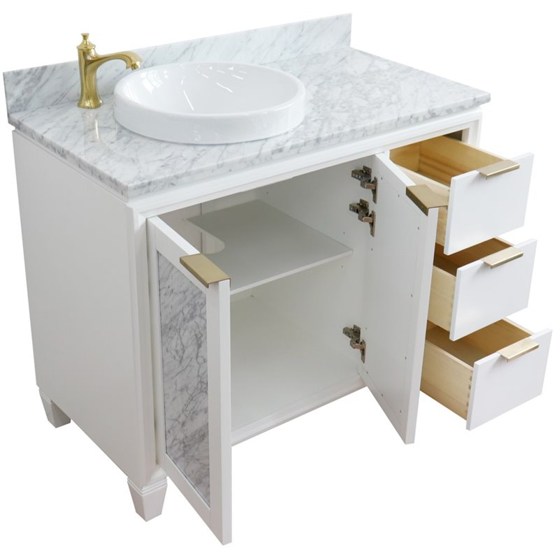 Pemberly Row Solid Wood Vanity with Left Round Sink in White/White Carrara