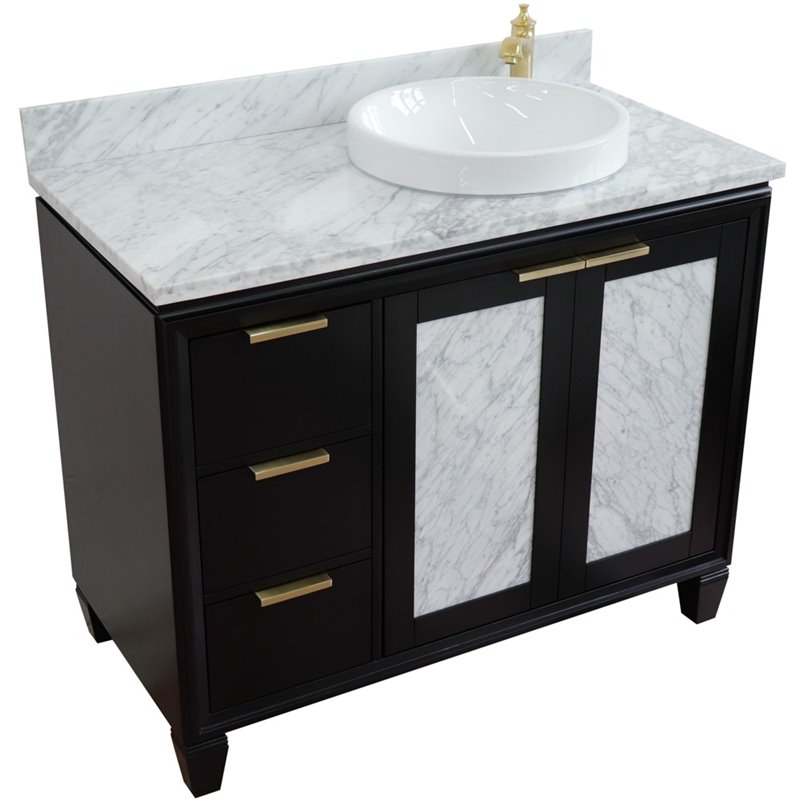 Pemberly Row Solid Wood Vanity with Right Round Sink in Blue/White Carrara