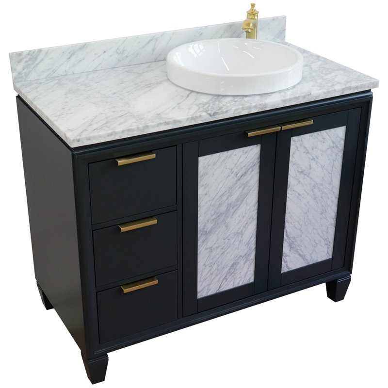 Pemberly Row Solid Wood Vanity with Right Round Sink in Gray/White Carrara