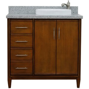 Pemberly Row 37&quot Single Solid Wood Vanity with Right Round Sink in Walnut/Gray