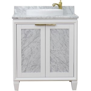 Pemberly Row 31&quot Single Round Sink Solid Wood Vanity in White/White Carrara