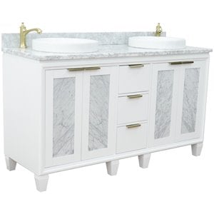 Pemberly Row 61&quot Double Round Sink Solid Wood Vanity in White/White Carrara
