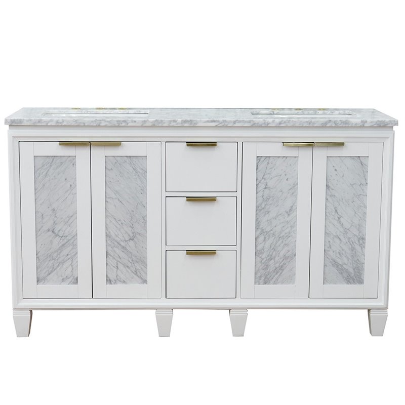 Pemberly Row Double Rectangle Sink Solid Wood Vanity in White/White Carrara
