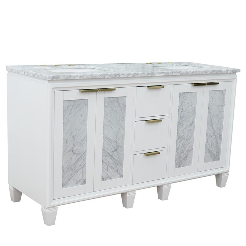 Pemberly Row Double Rectangle Sink Solid Wood Vanity in White/White Carrara