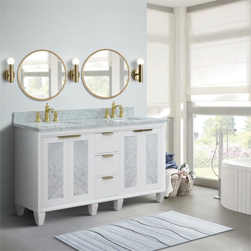 Pemberly Row Double Rectangle Sink Solid Wood Vanity in White/White Carrara