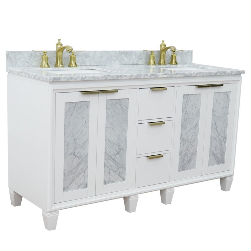 Pemberly Row Double Rectangle Sink Solid Wood Vanity in White/White Carrara