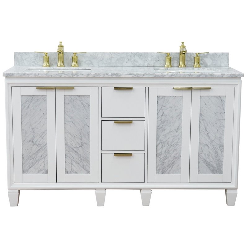 Pemberly Row Double Rectangle Sink Solid Wood Vanity in White/White Carrara