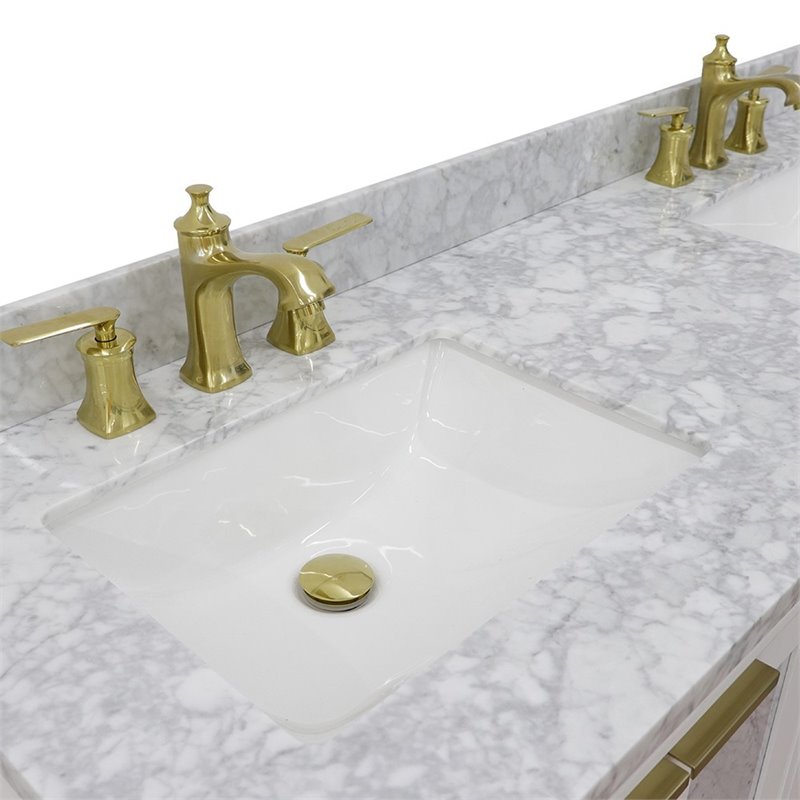Pemberly Row Double Rectangle Sink Solid Wood Vanity in White/White Carrara
