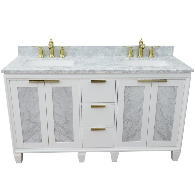 Pemberly Row Double Rectangle Sink Solid Wood Vanity in White/White Carrara