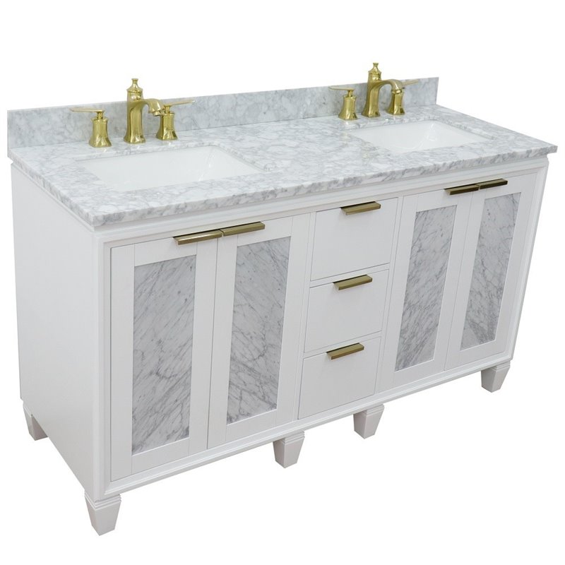 Pemberly Row Double Rectangle Sink Solid Wood Vanity in White/White Carrara