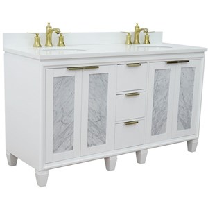 Pemberly Row 61&quot Double Oval Sink Solid Wood Vanity in White/White Quartz Stone