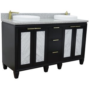 Pemberly Row 61&quot Double Round Sink Solid Wood Vanity in Blue/Gray Granite Stone