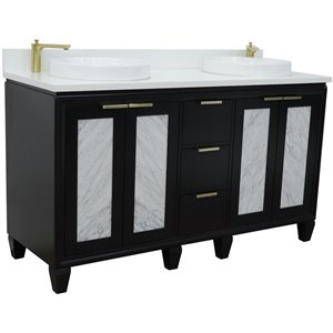 Pemberly Row 61&quot Double Round Sink Solid Wood Vanity in Blue/White Quartz Stone