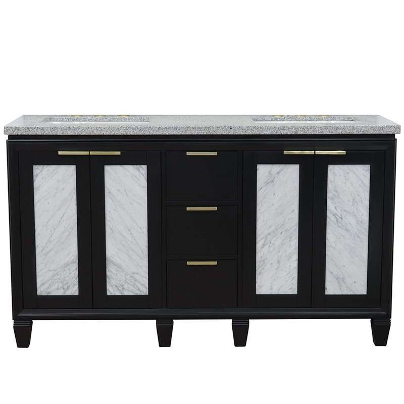 Pemberly Row Double Rectangle Sink Solid Wood Vanity in Blue/Gray Granite Stone