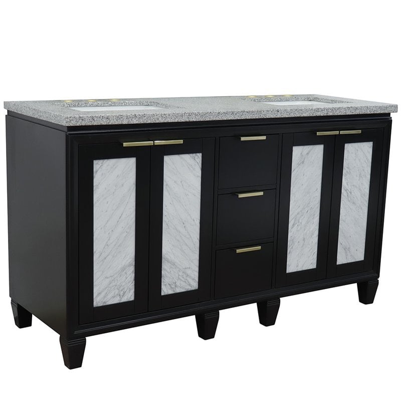 Pemberly Row Double Rectangle Sink Solid Wood Vanity in Blue/Gray Granite Stone