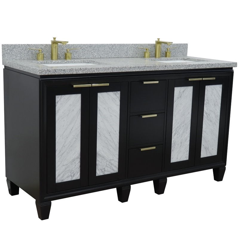 Pemberly Row Double Rectangle Sink Solid Wood Vanity in Blue/Gray Granite Stone