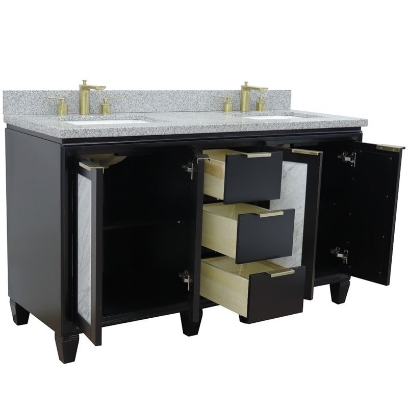 Pemberly Row Double Rectangle Sink Solid Wood Vanity in Blue/Gray Granite Stone