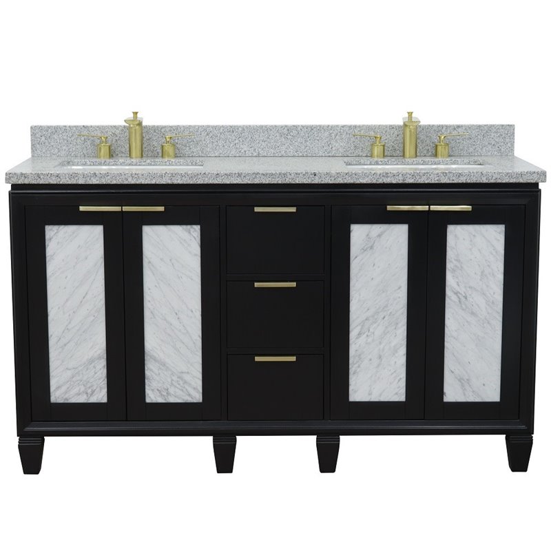 Pemberly Row Double Rectangle Sink Solid Wood Vanity in Blue/Gray Granite Stone