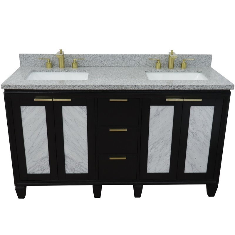 Pemberly Row Double Rectangle Sink Solid Wood Vanity in Blue/Gray Granite Stone