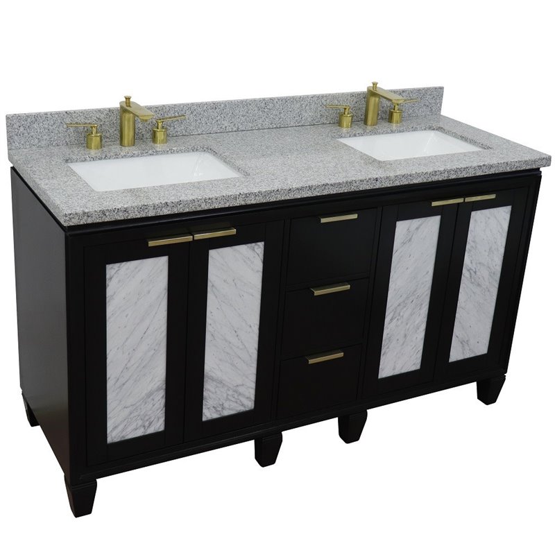 Pemberly Row Double Rectangle Sink Solid Wood Vanity in Blue/Gray Granite Stone