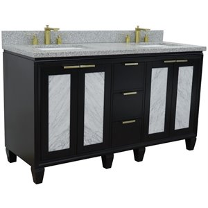 Pemberly Row Double Rectangle Sink Solid Wood Vanity in Blue/Gray Granite Stone