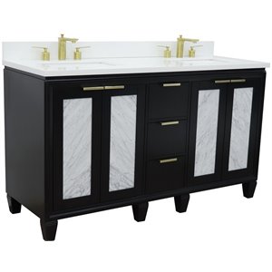 Pemberly Row Double Rectangle Sink Solid Wood Vanity in Blue/White Quartz Stone