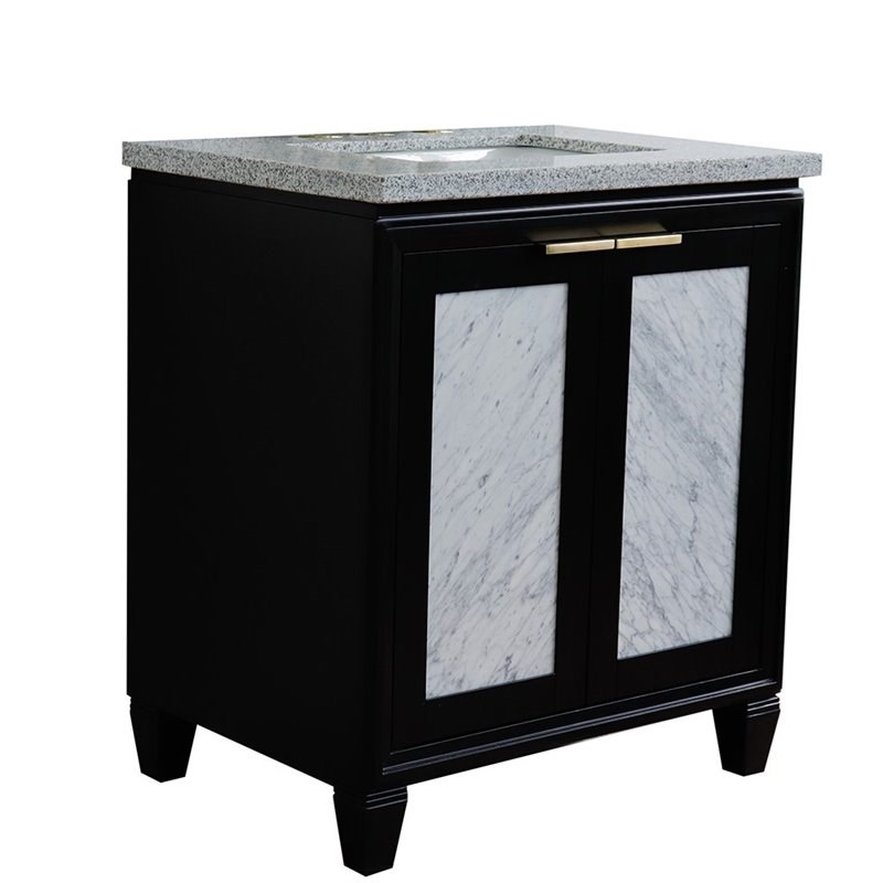 Pemberly Row Single Rectangle Sink Solid Wood Vanity in Blue/Gray Granite Stone